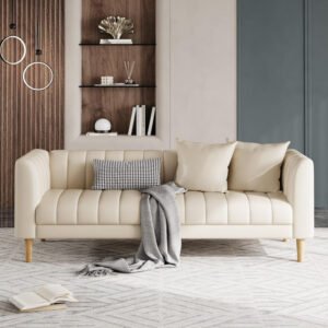 Faux Leather Sofa Couch, Modern 78" W Sofa with Deep Seats, 3 Seater Sofa Couch with 2 Throw Pillows and Wood Legs